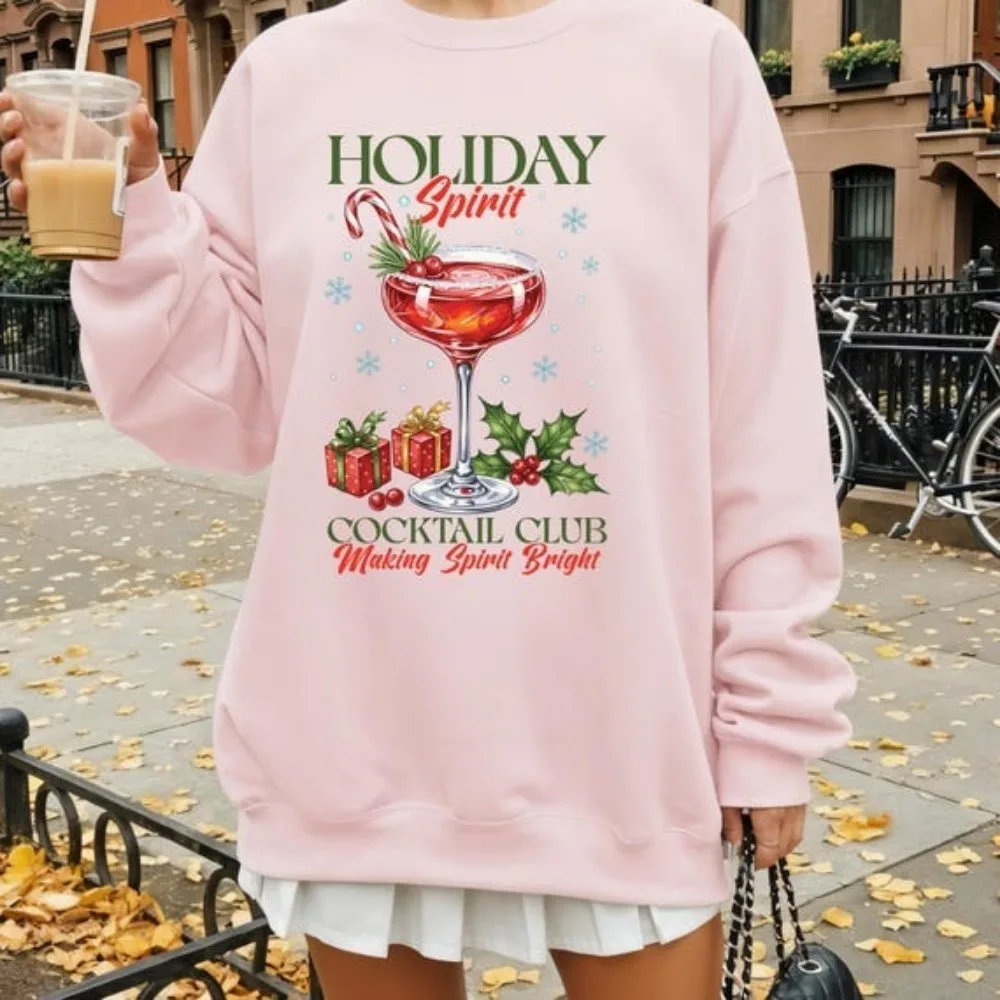 2025 Vintage Christmas Holiday Sweatshirts O-neck Sweatshirt Cocktails Club Women Sweater Bright Sweater for Christmas New Year