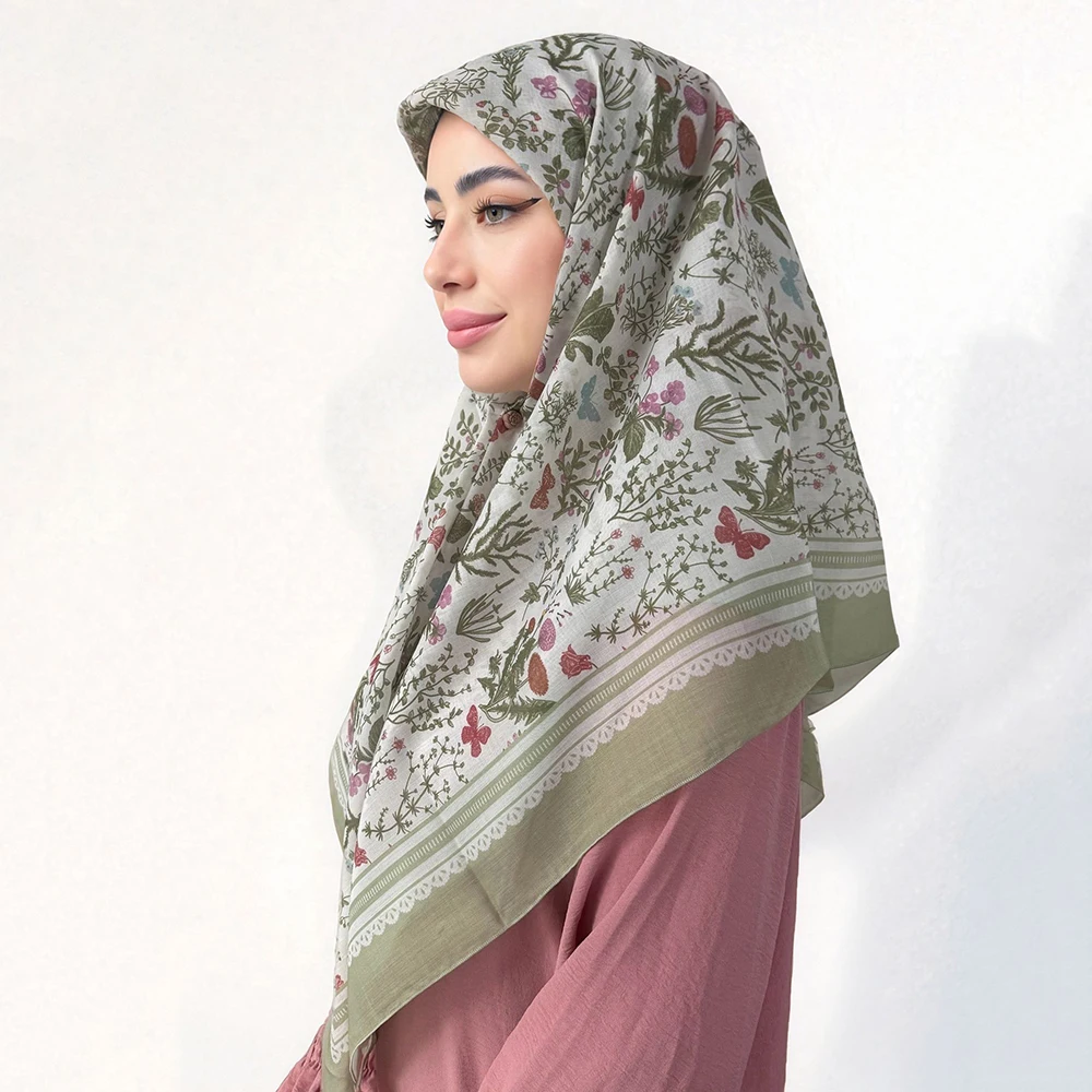 

110X110 см хиджаб с цветочным принтом, квадратный хлопковый платок, шаль, мусульманский мягкий шарф, исламский женский шарф, малазийский дизайн
