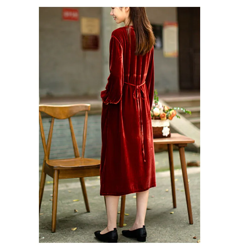 Fengbaoyu vestido feminino de veludo de seda natural, manga comprida, decote em V, comprimento médio, confortável, macio, casual, luxuoso