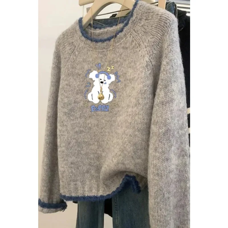 Gray Puppy Print Round Neck Right Shoulder Sweater 2025 Autumn and Winter New Style Unique and Versatile Top