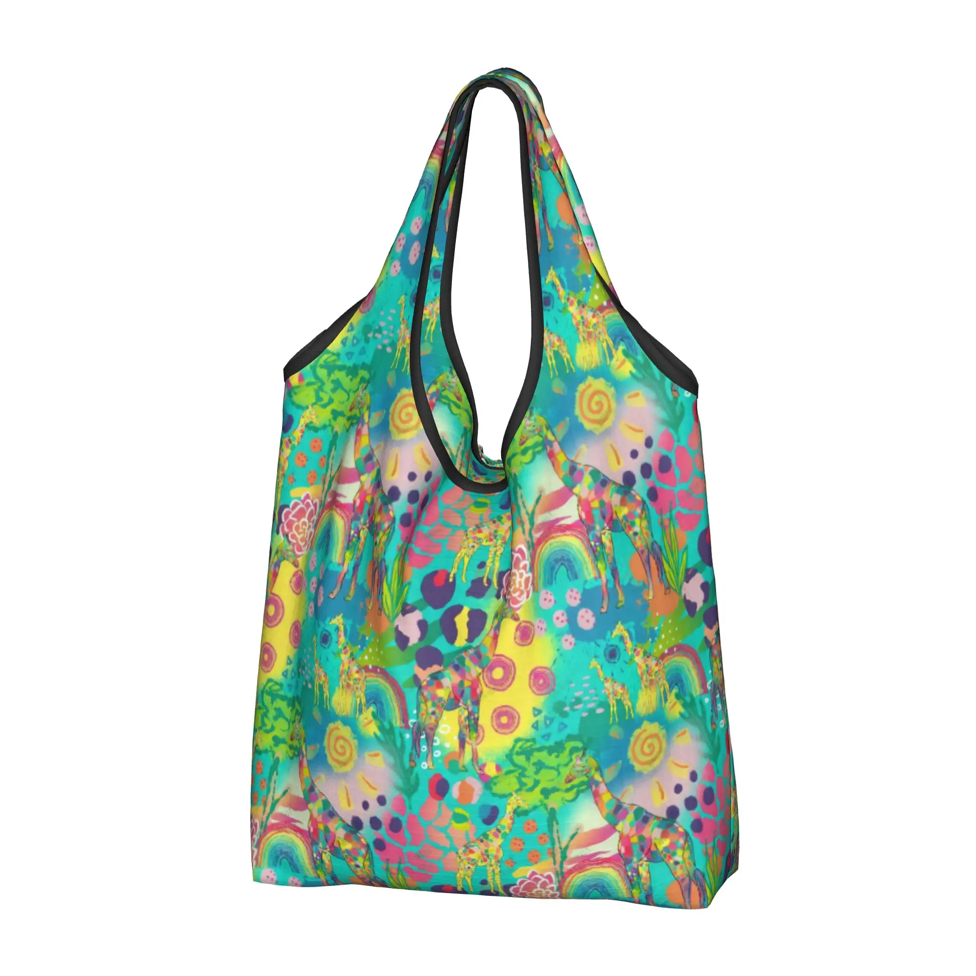 Reusable Rainbow Jungle Safari Giraffe Abstract  Shopping Bag Tote Bag Portable Bright African Animals  Groceries Shopper Bags