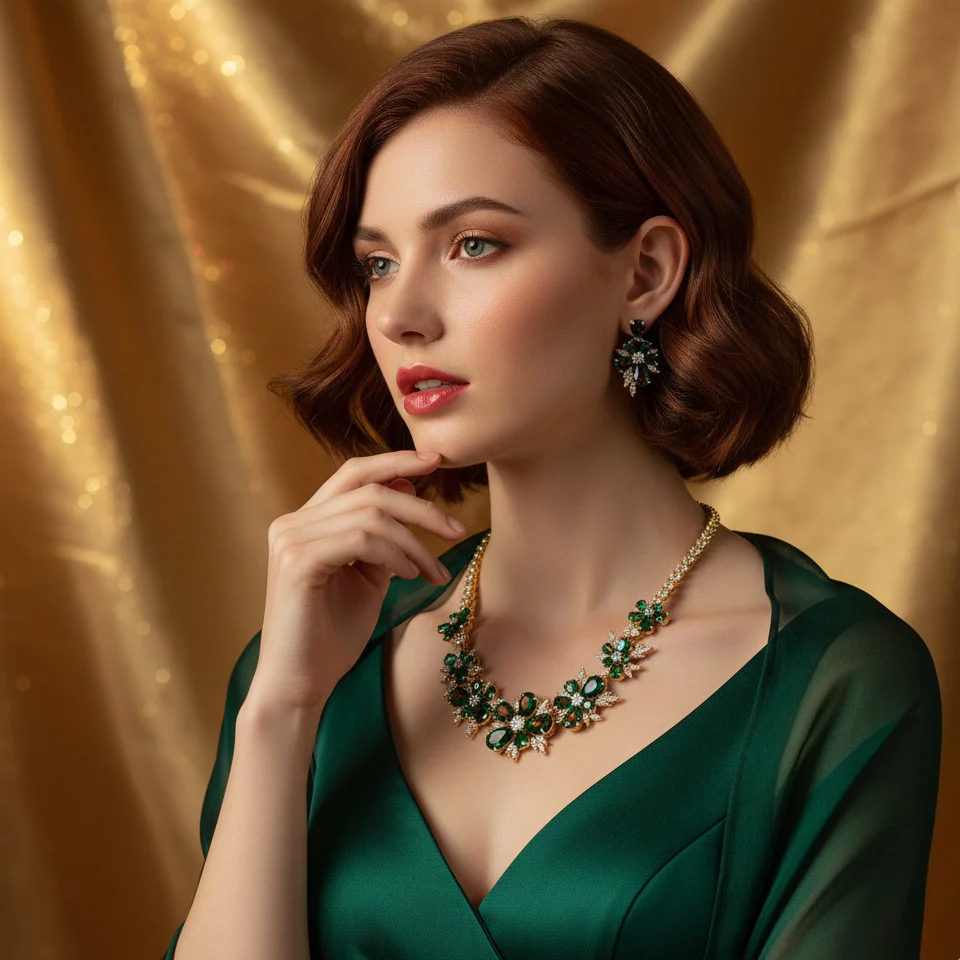 

Light Luxury Green Flower Jewelry Set, Heavy Craft Necklace & Earrings, Niche Floral Pendant Accessories for Women