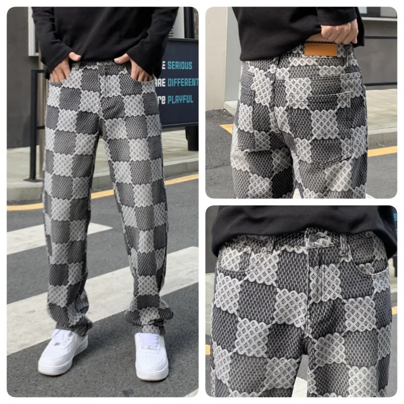 

American High Street Jeans Men's Plaid & Printed Fashion Design Loose Personality Street Straight Wide Leg Hip Hop Pants