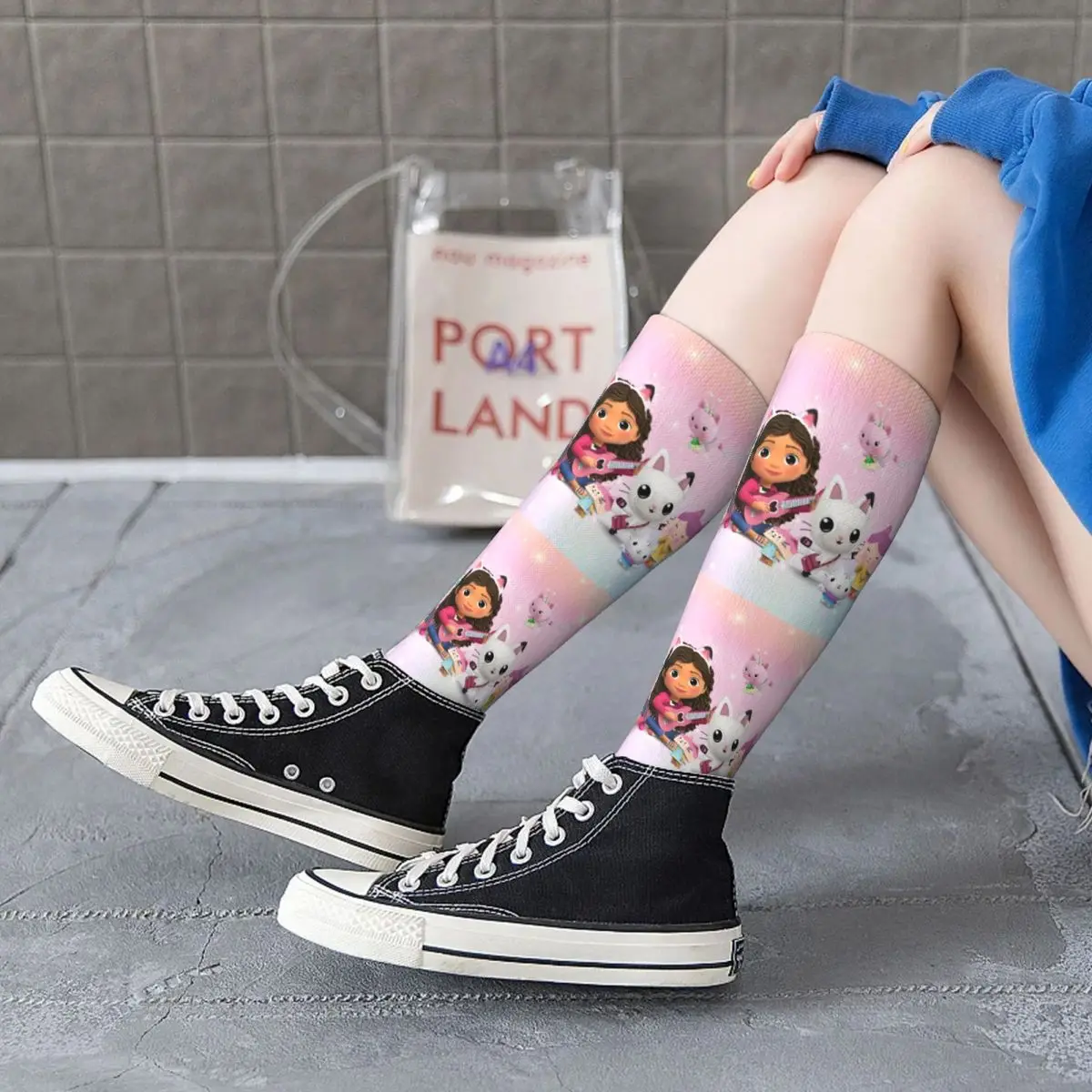 Calcetines hasta la rodilla con estampado 3D de dibujos animados para mujer y niña, medias hasta la rodilla con diseño de gato Mercat, casa de muñecas, deportes, baloncesto