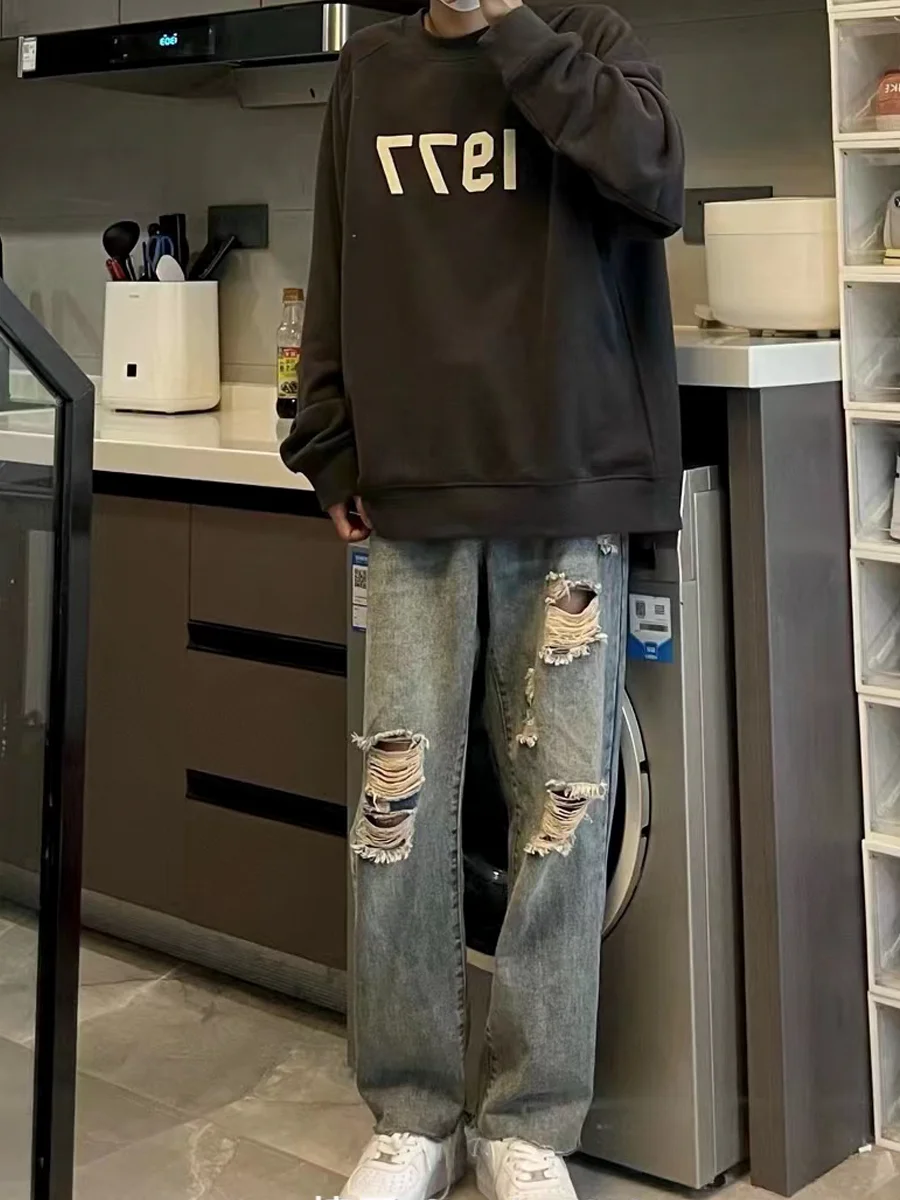 

Retro Waed Men's Jeans High Street Sle Casual Straight Leg Long Pants Wear Resistant mid Waist Zipper Fly Youth Faion