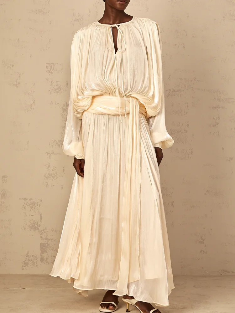 

Sexy Lace-up O Neck Folds Draped Long Dress Women Long Sleeve High Waist Slim Dresses Elegant Evening Party Gowns