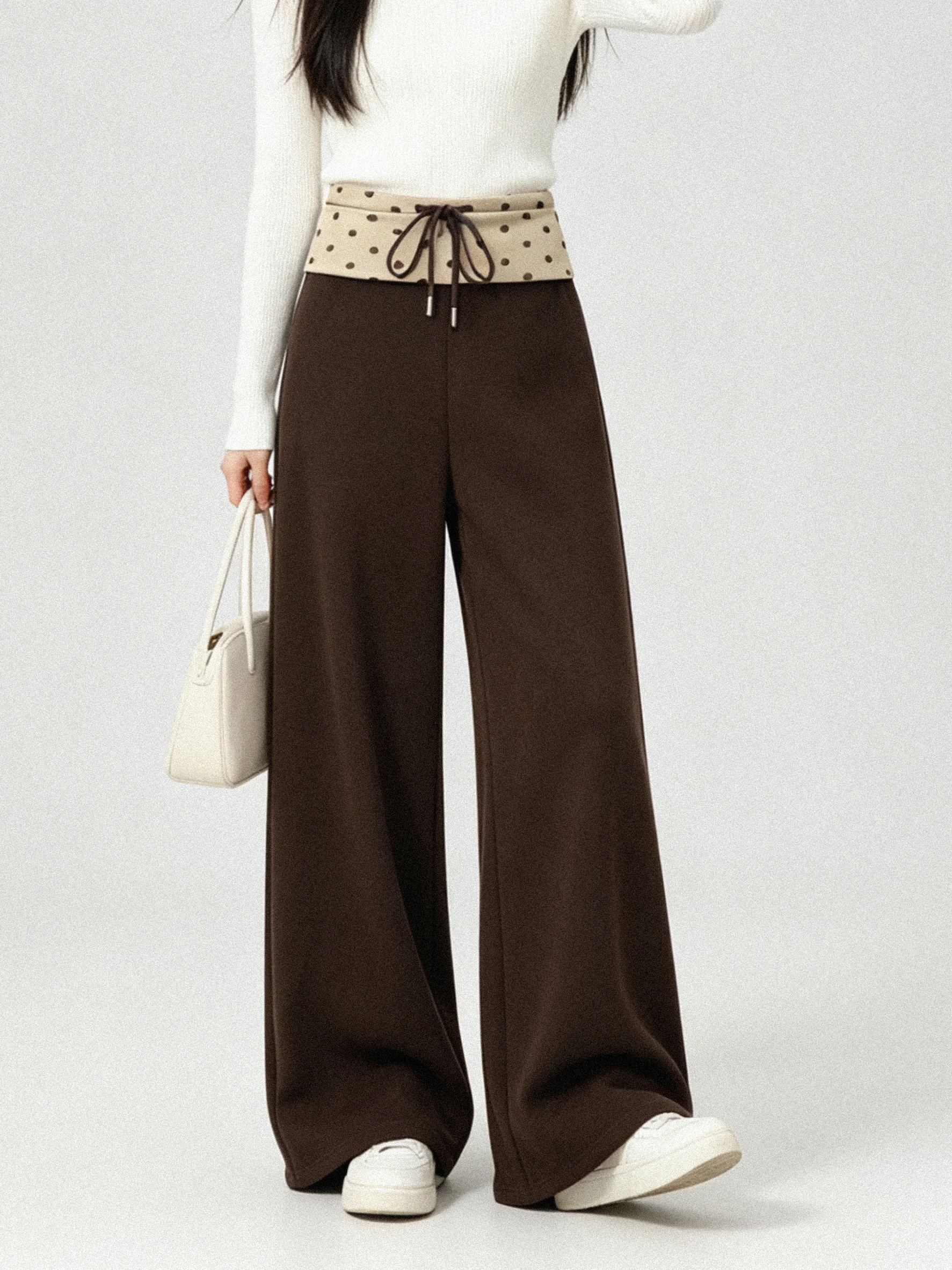 Skin-Friendly Casual Pants Women's Checkered Wide Leg Pants Drawstring Elastic Waist Polka Dot Cuff Autumn Fashion Pants