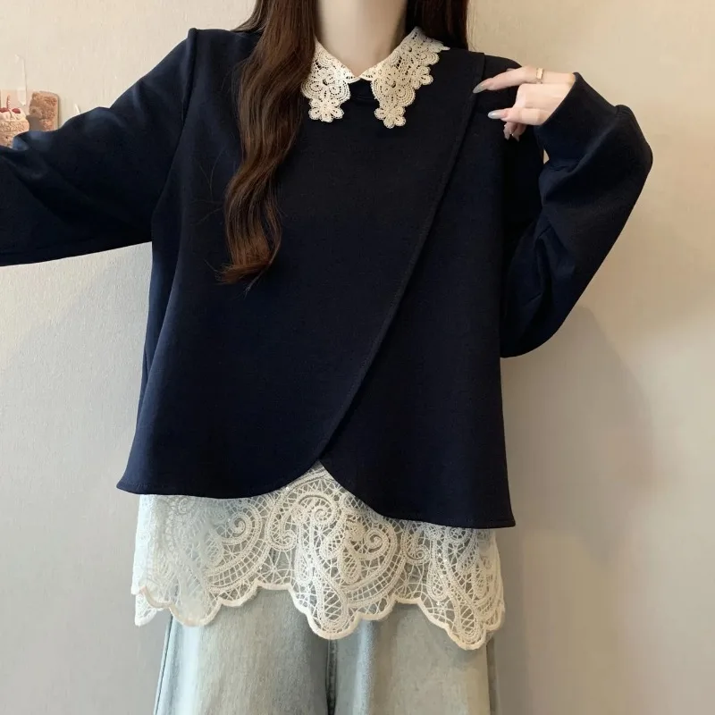 

Korean Style Ruffled Collar Fake Two-Piece Sweatshirt Lace Patchwork Fashion Casual Women's Top
