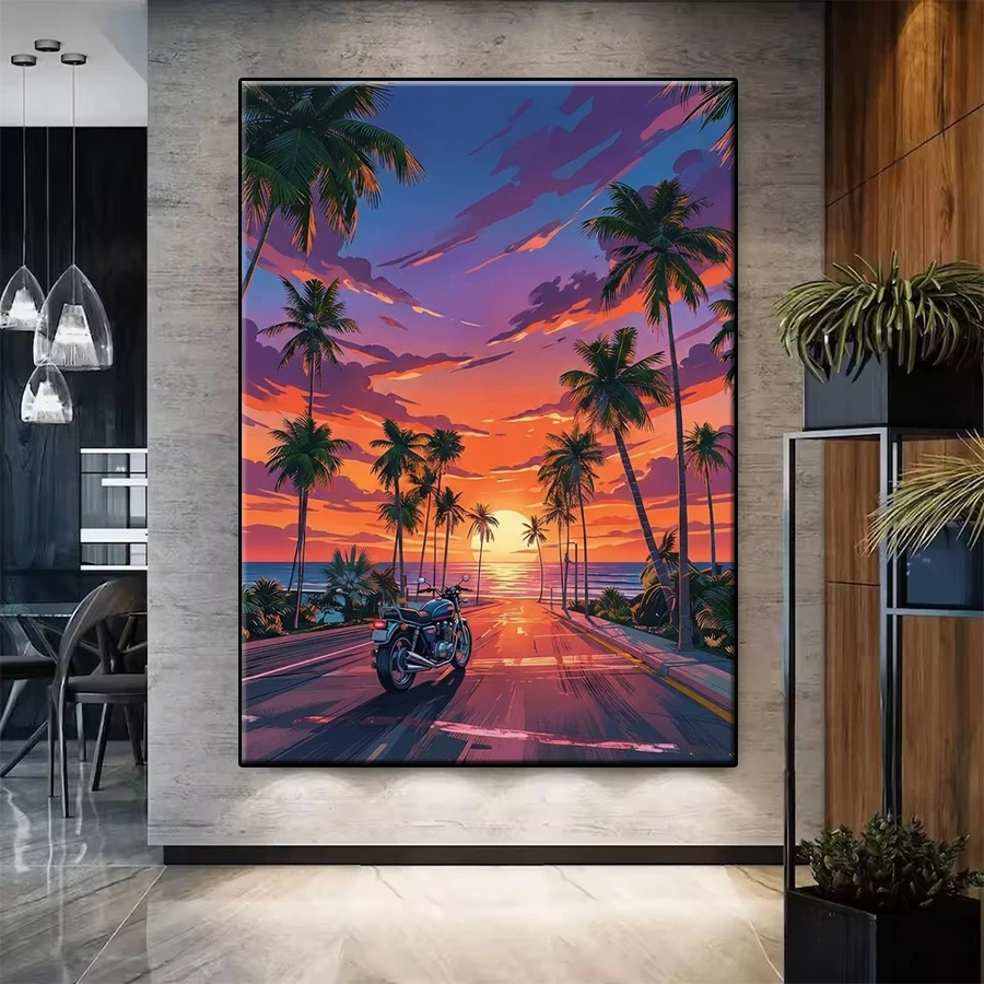 5D DIY Diamant-Malerei-Set Neuer Sonnenuntergang am Strand Motorrad-Landschaft Kreuzstich DIY Diamant-Stickerei Bild Mosaik-Kunst