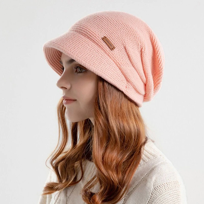 Autumn Winter Soft Plush Knitted Hat Women Girl Warm Thickened Fleece Lined Beanies Short Brim Casual Outdoor Windproof Bonnet