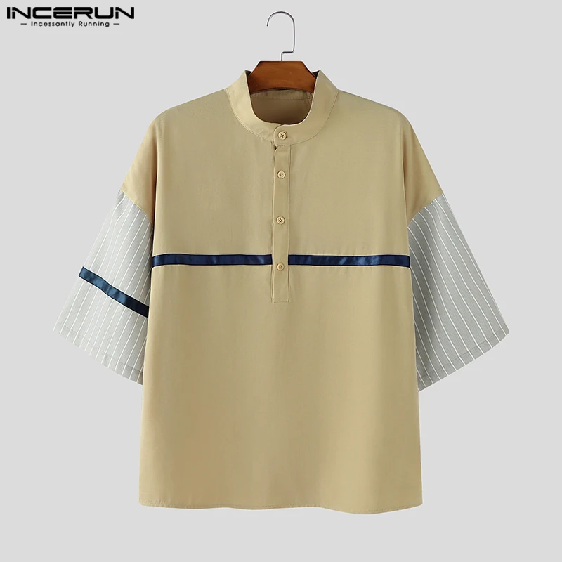

INCERUN Мужская рубашка в полоску в стиле пэчворк с воротником-стойкой и половиной рукава Мужская одежда Свободная уличная одежда 2025 летние модные топы в корейском стиле