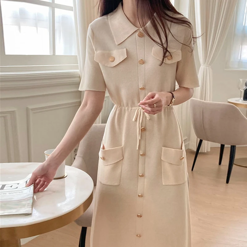 

Button pocket Turn-down collar knitted dress midi summer casual maxi vintage vestidos verano 2024 elegant robe longue korean