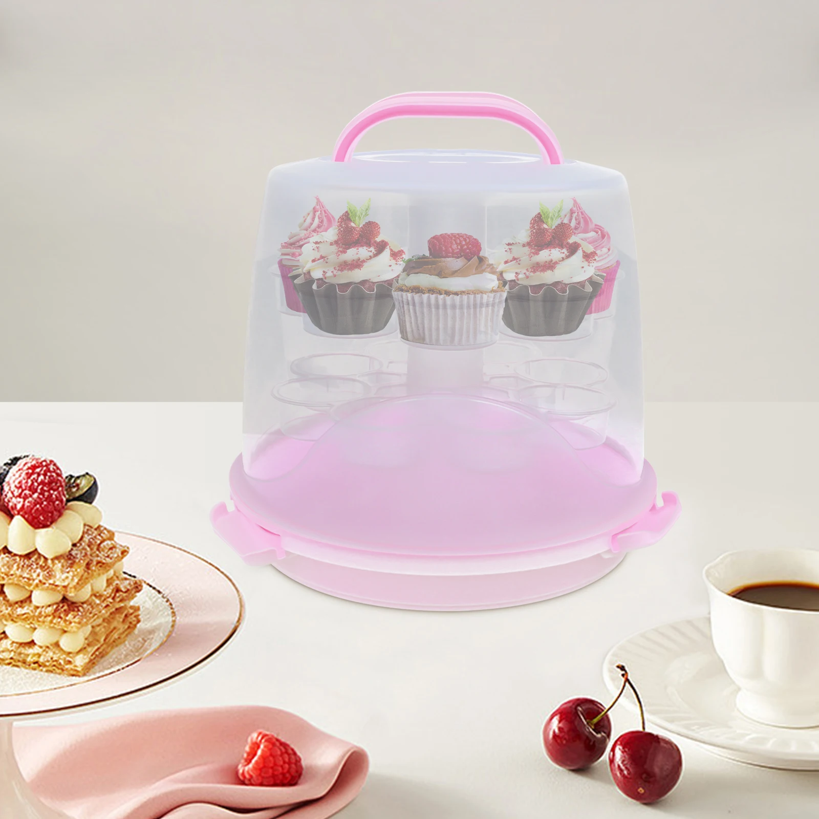 

3-Tier Cupcake Carrier Pp Cake Carrying Box Pink Cupcake Cookies Holder Transporter Container for Birthday Wedding Party