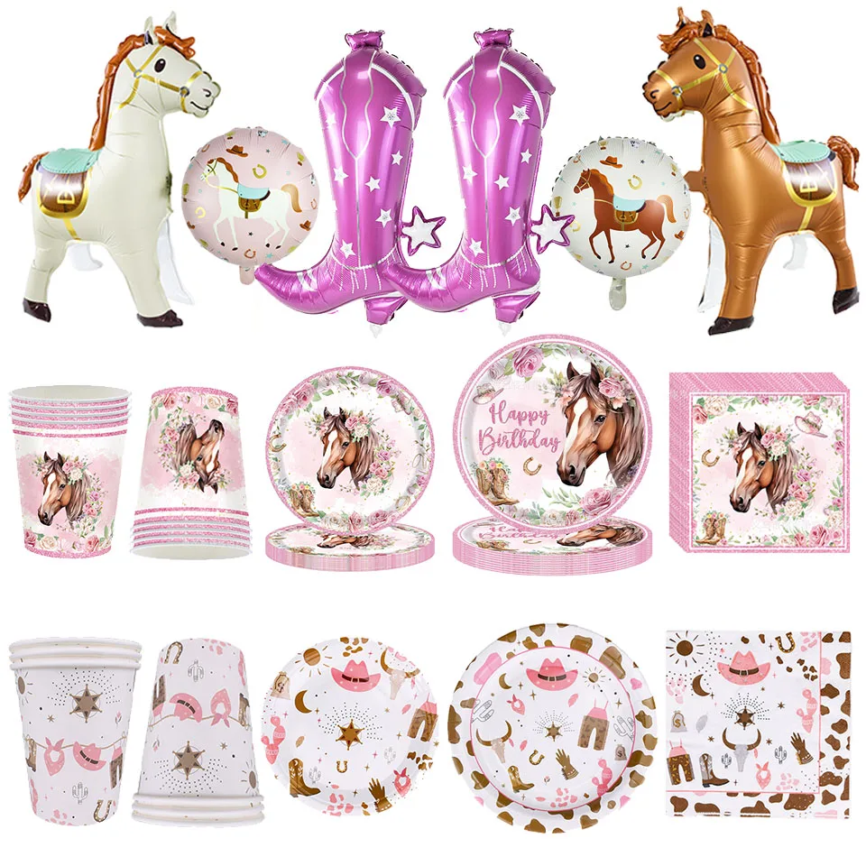 Decoración para Fiesta de Cumpleaños de Vaquera del Oeste, Vajilla Desechable, Platos y Vasos con Diseño de Caballo Rosa, Globos de Caballo, Artículos para Fiesta de Vaqueros