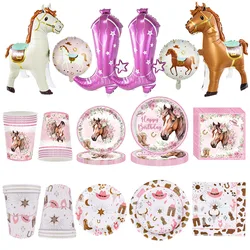 Western Cowgirl Birthday Party Decoration Disposable Tableware Pink Horse Party Plates Cups Horse Balloon Cowboy Party Supplies