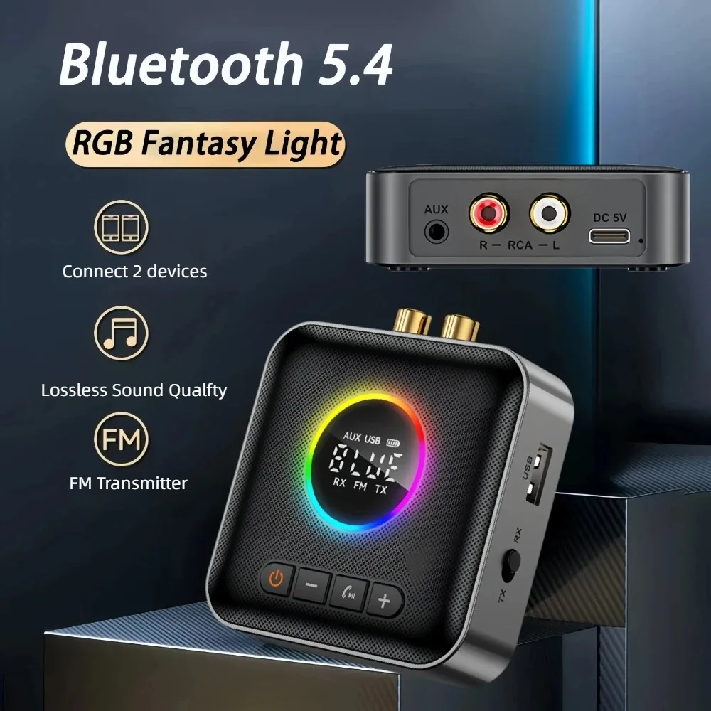 4-в-1 RGB Красочная подсветка Bluetooth 5.4 Аудиоприемник Передатчик FM USB 3,5 мм AUX RCA HIFI Музыка Светодиодный дисплей Беспроводной адаптер