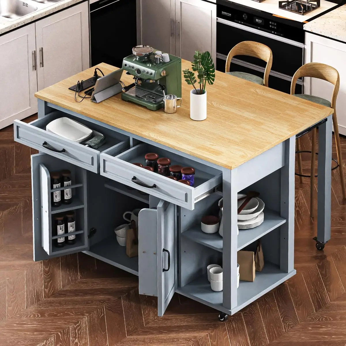 47'' Mobile Kitchen Island with Extendable Table Rolling Cart Storage Wood Top Charging Station Drawers Cabinets, Customized