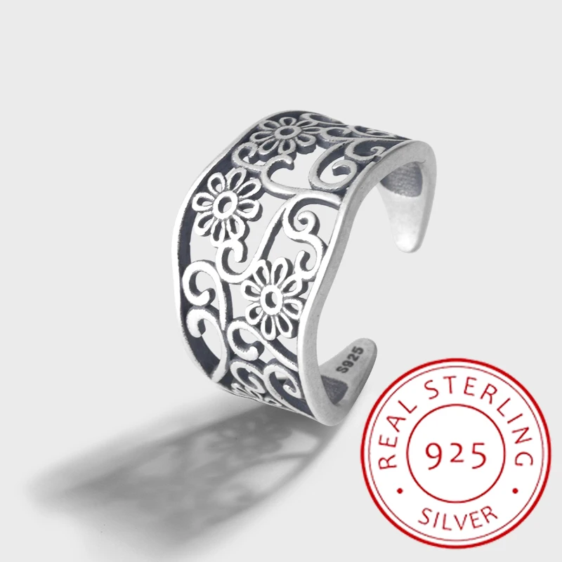 

Retro Palace Style Authentic S925 Silver Open Hollow Pattern Old Style Ring Plant Flower Jewelry