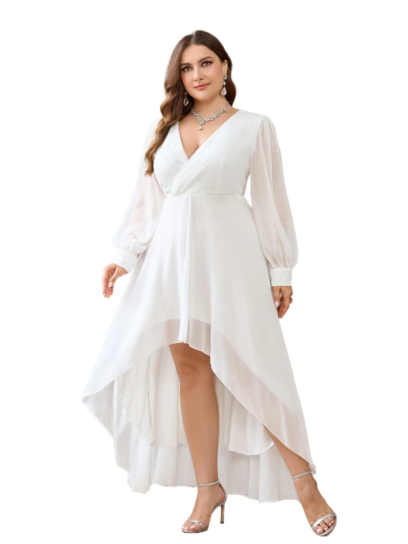 

Chic V-neck High Low Ruched Long Formal Party Plus Size Dress White With Long Sleeves