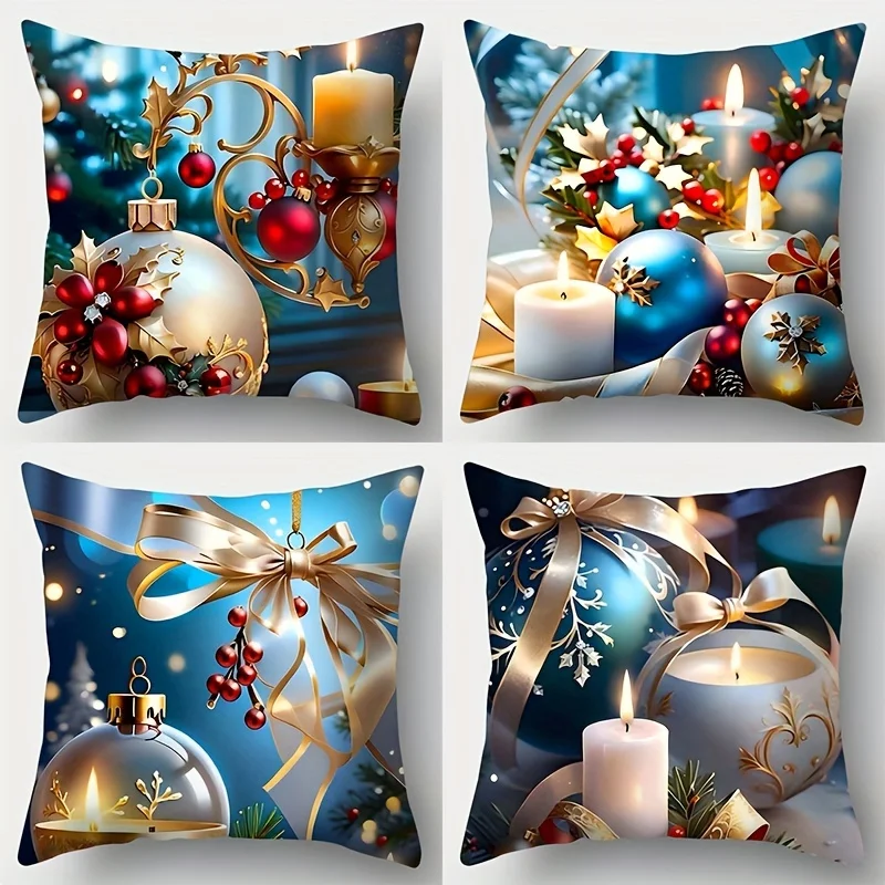 

Christmas Series Pillow Covers, Blue Bright Holiday Decor with Ornaments, Bow Ribbon & Candle Patterns, 17.7x17.7 Inches