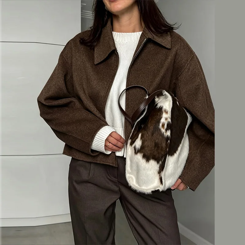 Übergroße Kurze Wolljacken für Damen mit Revers, Langen Ärmeln, Reißverschlusstaschen, Einfarbig, Locker Geschnitten, Schicke Herbst-Neuheiten Oberbekleidung – Detail 3