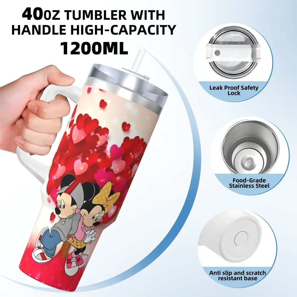 Mickey Minnie Love Cartoon Tumbler Cold and Hot Water Bottle Insulated Stainless Steel Thermal Cups Printed Driving Mugs Cup