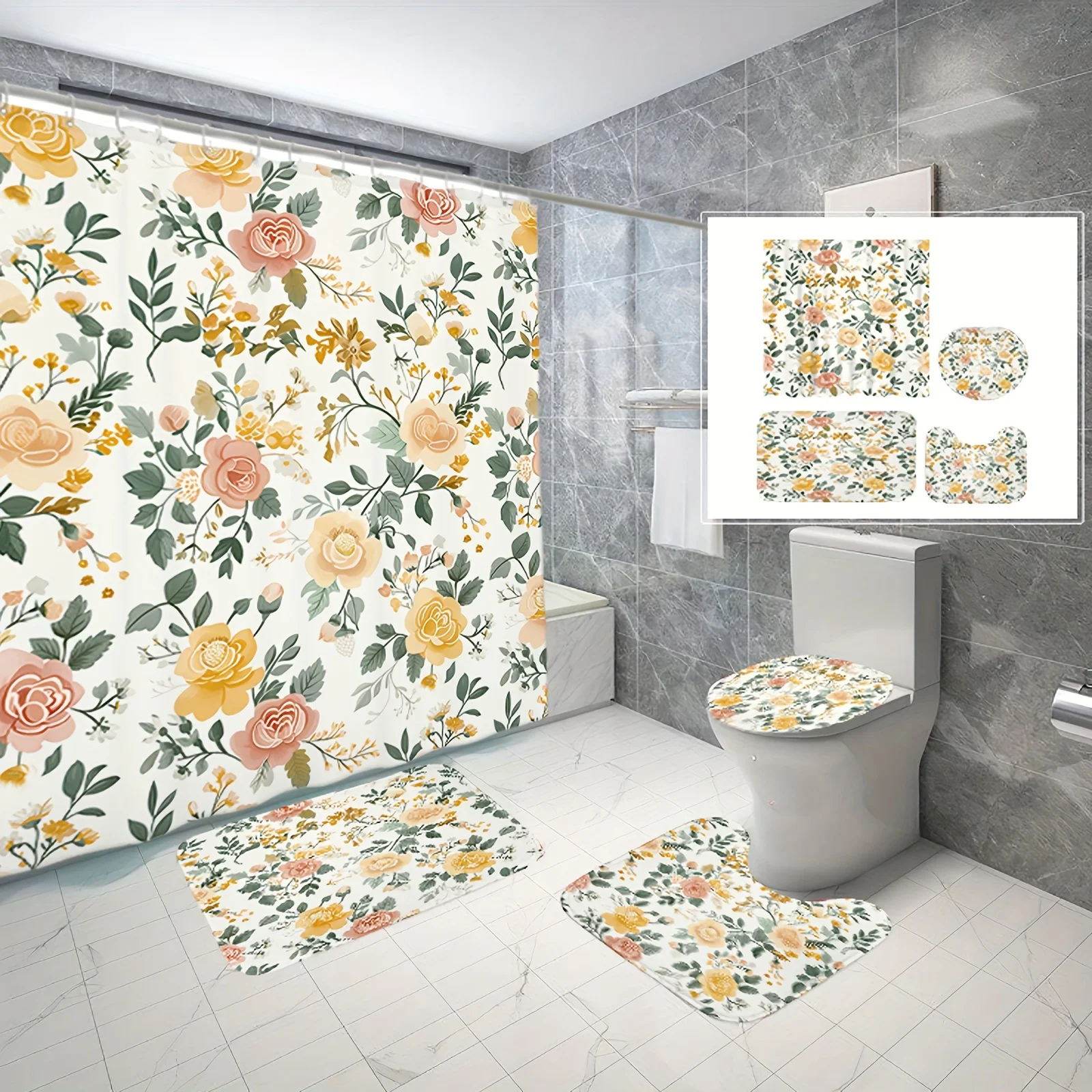 

4шт винтажного цветочного белого фона, полиэфирной ткани, занавески для душа, нескользящего напольного коврика, сиденья для унитаза и U-образного коврика.