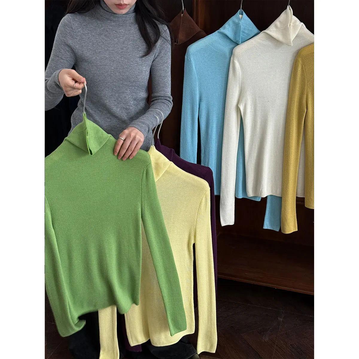 

Korean Fashion Women's Cowl Neck Sweater 2025 Slim Fit Knitted Top Autumn Winter Warm Wool Blend Turtleneck Pullover