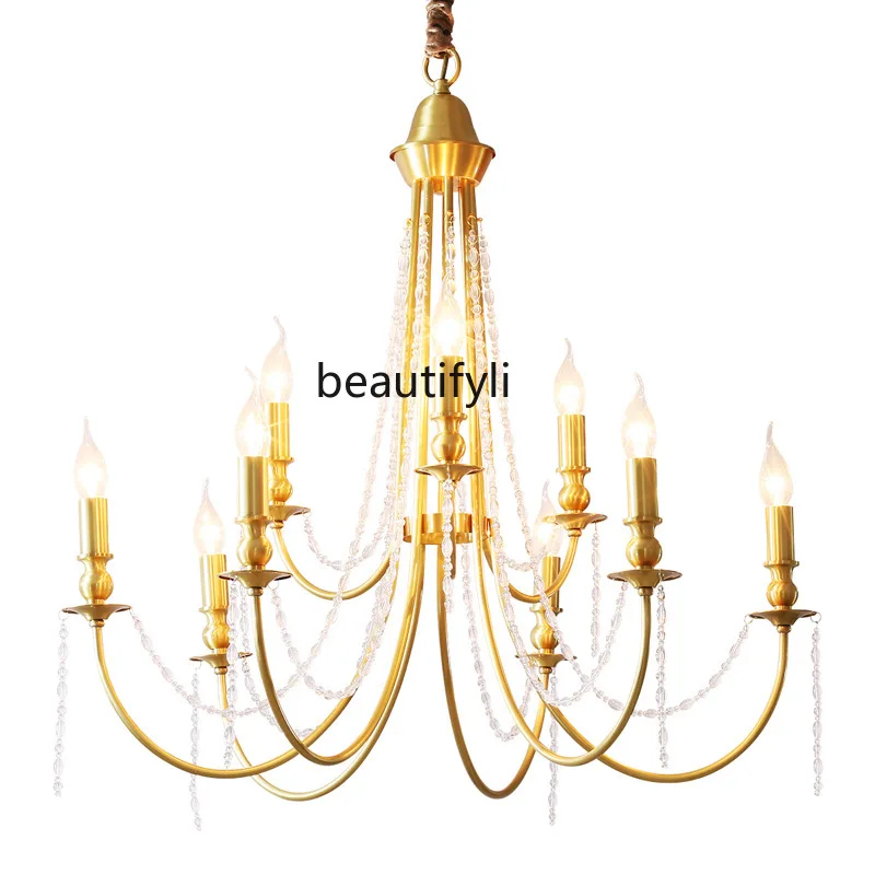 

HJ Crystal Chandelier All Copper American Living Room Simple European Light Luxury Candle Light Simple Bedroom Light