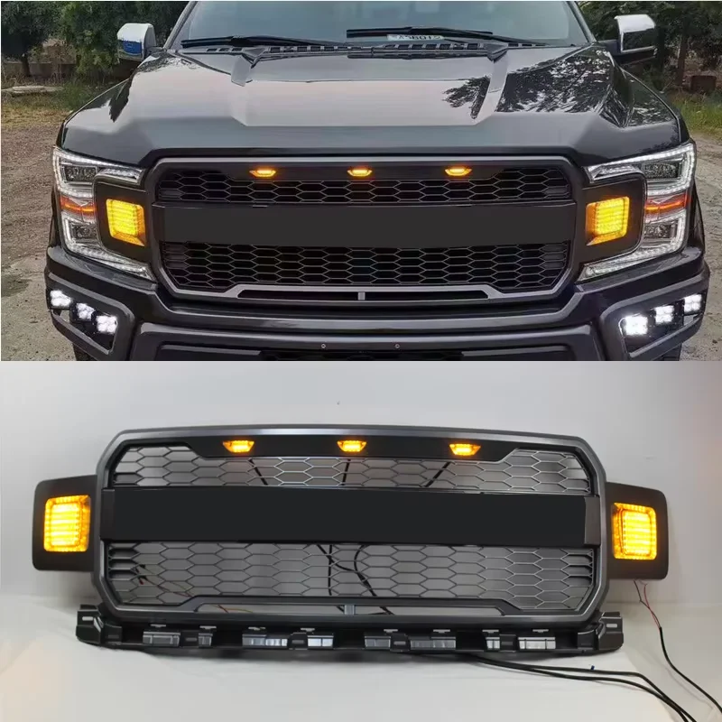 

Raptor Style For Ford F150 2018 2019 2020 Car Racing Grills Front Mask Bumper Cover Upper Mesh Grille With LED Light Guard Grid