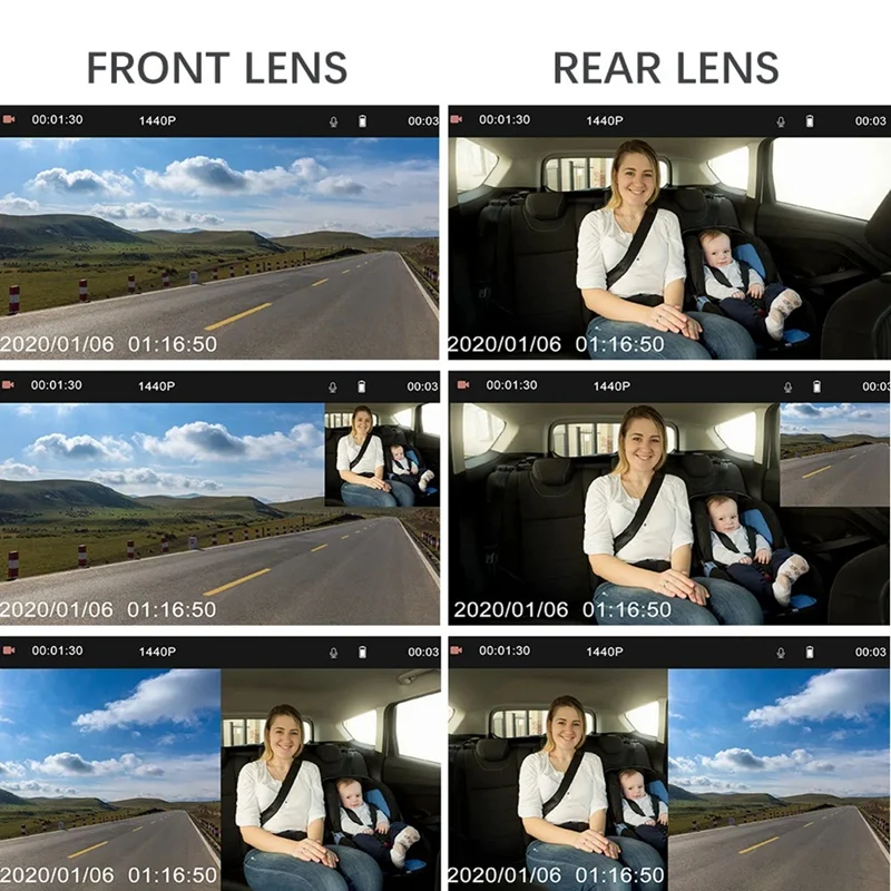 듀얼 대시 캠 전면 및 내부 1440P + 1080P 자동차 블랙박스, 3 인치 IPS 카메라, 녹음기 야간 투시경, 사용하기 쉬움