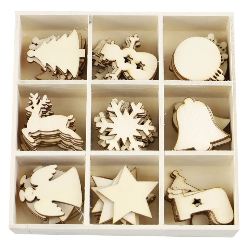 

72Pcs Distinctive Wooden Pendants DIY Graffiti Supplies Xmas Tree Hangings Easy to Store in 9 Compartments Wooden DIY Pendants