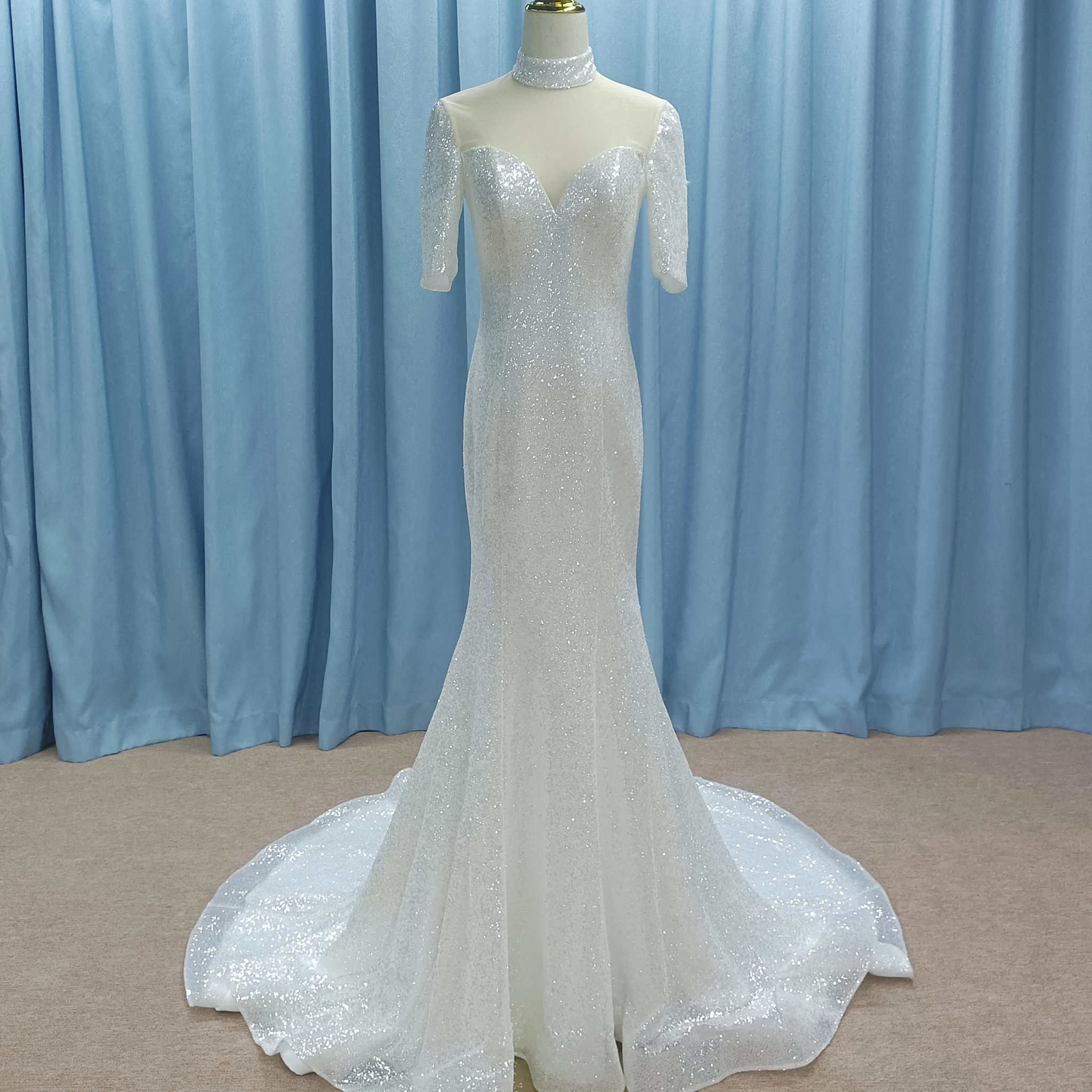 Rosymae Silver Mermaid Wedding Dress with Half Sleeve O-neck And Sheer Neck Informal Gown for Brides