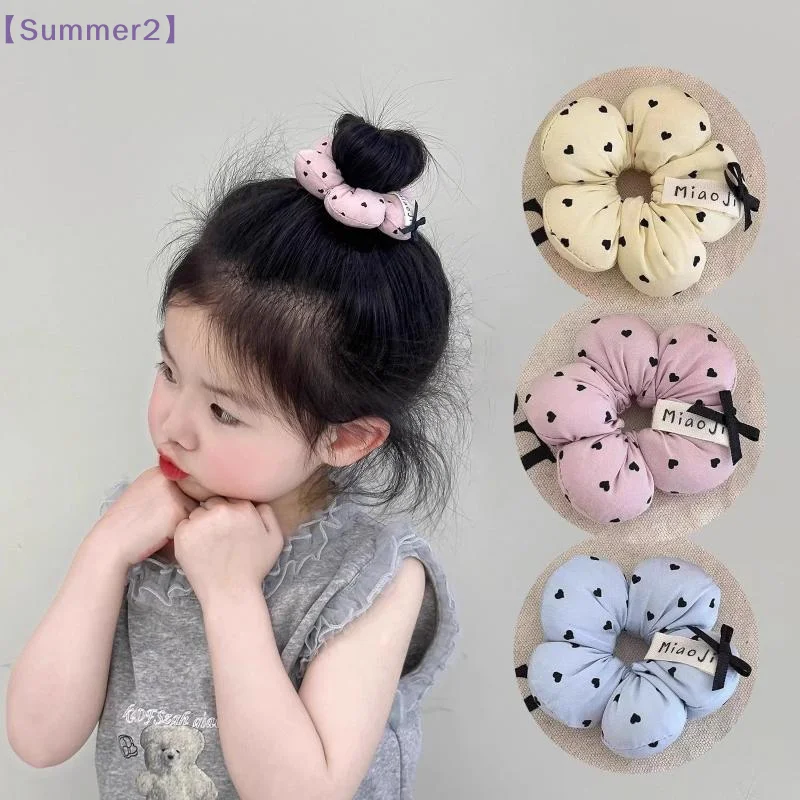 【Xia2】Cute Flower Shaped Hair Scrunchies For Kids Girls Sweet Heart Printed Bow Elastic Hair Ties Fashion Hair Accessories{S}
