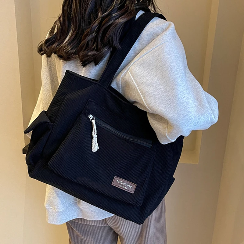 

Simple Corduroy Tote Bag Solid Color Shoulder Bag Retro Multi Pockets Handbag For School Work Shopping