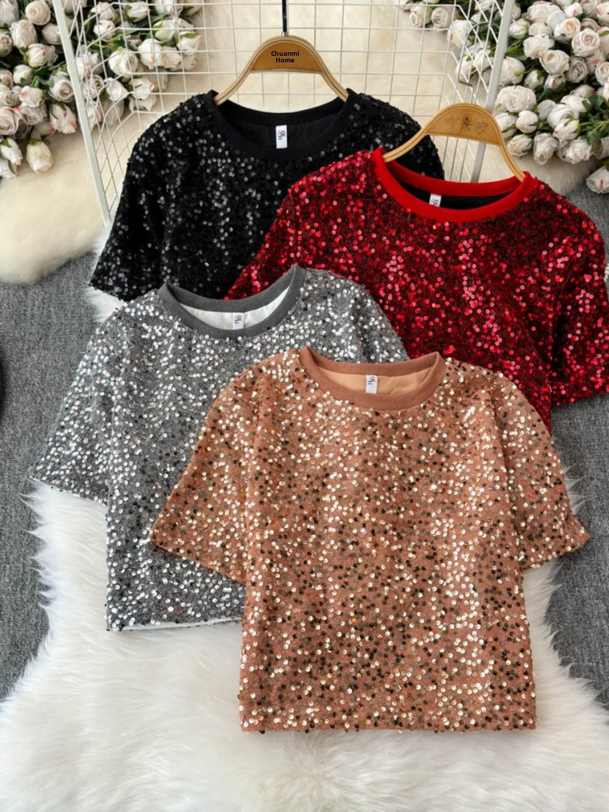 

Женская футболка с эффектом похудения и пайетками, летняя, в корейском стиле, для повседневной носки, с креативным узором, круглый вырез, топ