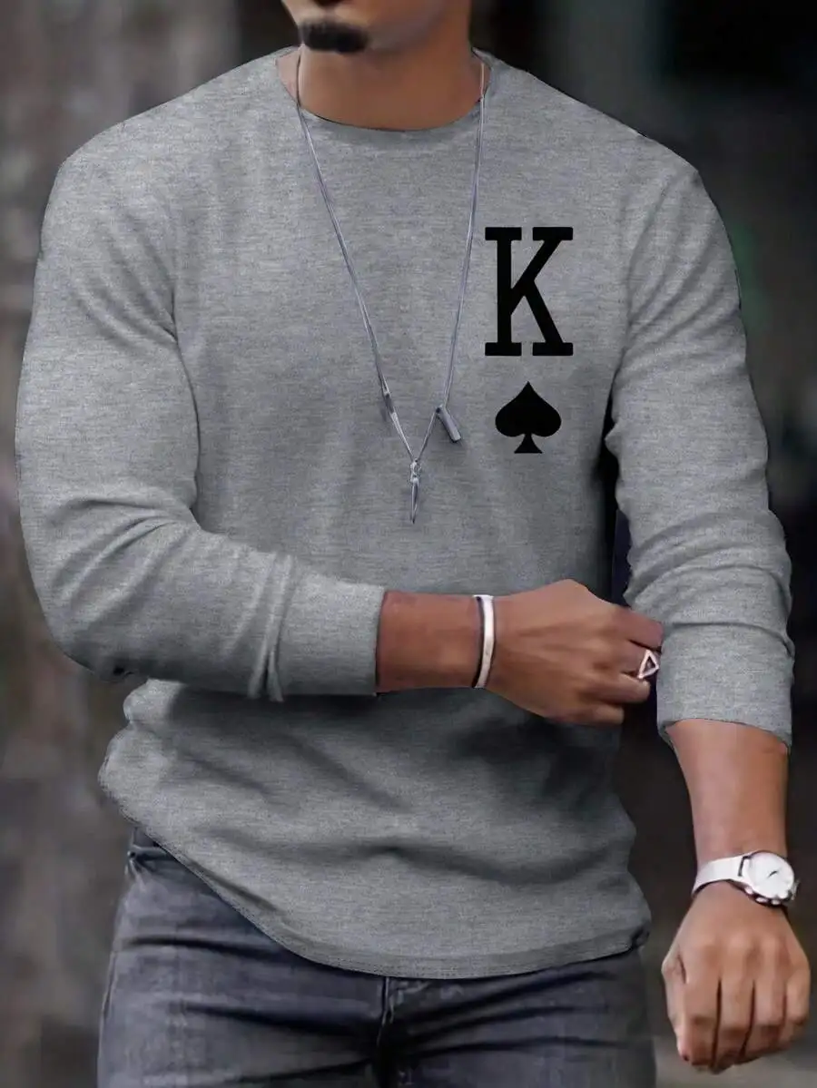 

Men's Gray Long Sleeve Tee with Spade King Graphic Print, Casual Fall Wear