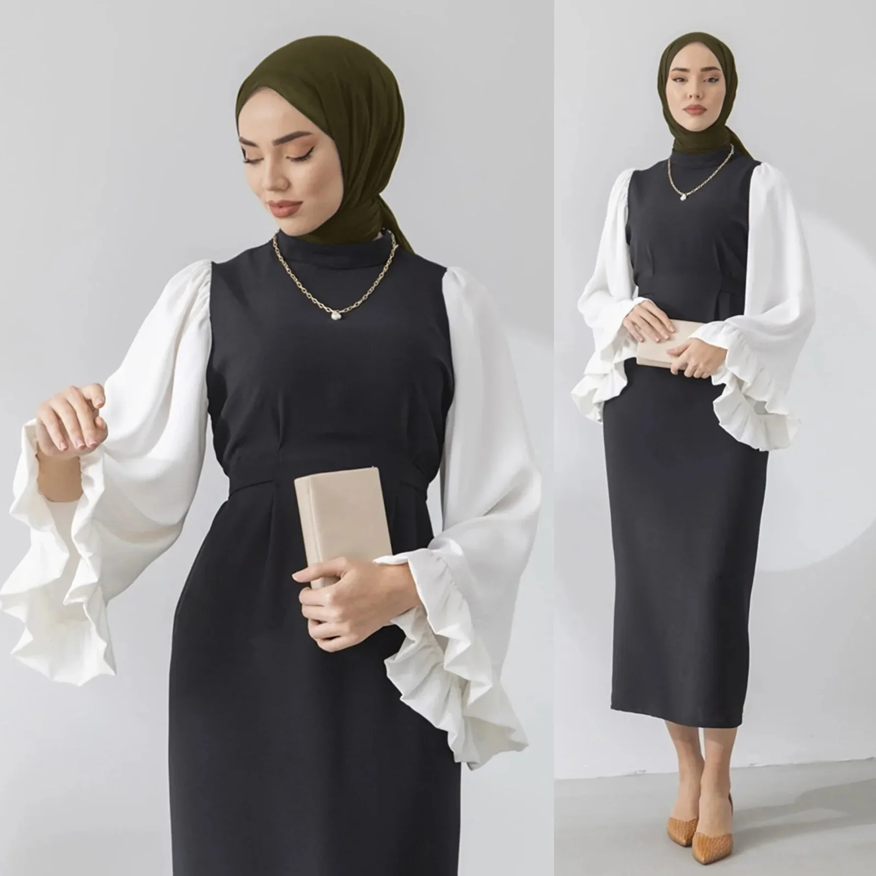 The New Style of High-end Women's Clothing in Dubai and Saudi Arabia, Fashionable Round-neck Spliced Flare Sleeve Dress Robes.