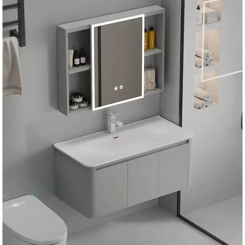 STLF Modern Wall-Mounted Bathroom Vanity with Smart Mirror and Water Resistant Ceramic Basin Hotel Use PVC Material