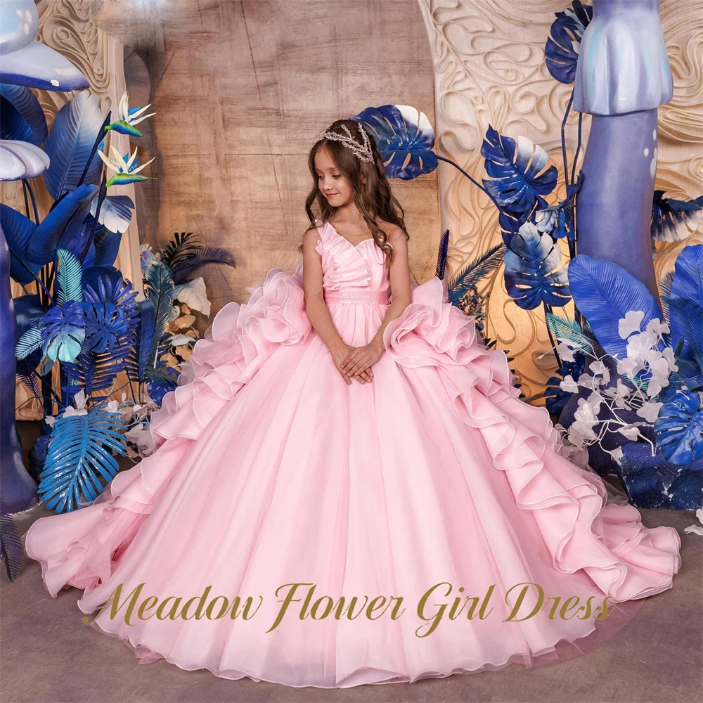 Meadow  Light Pink First Communion Gown One Shoulder With Ruffle Girls Princess Dress with Pearls Evening Party Dress for Girls