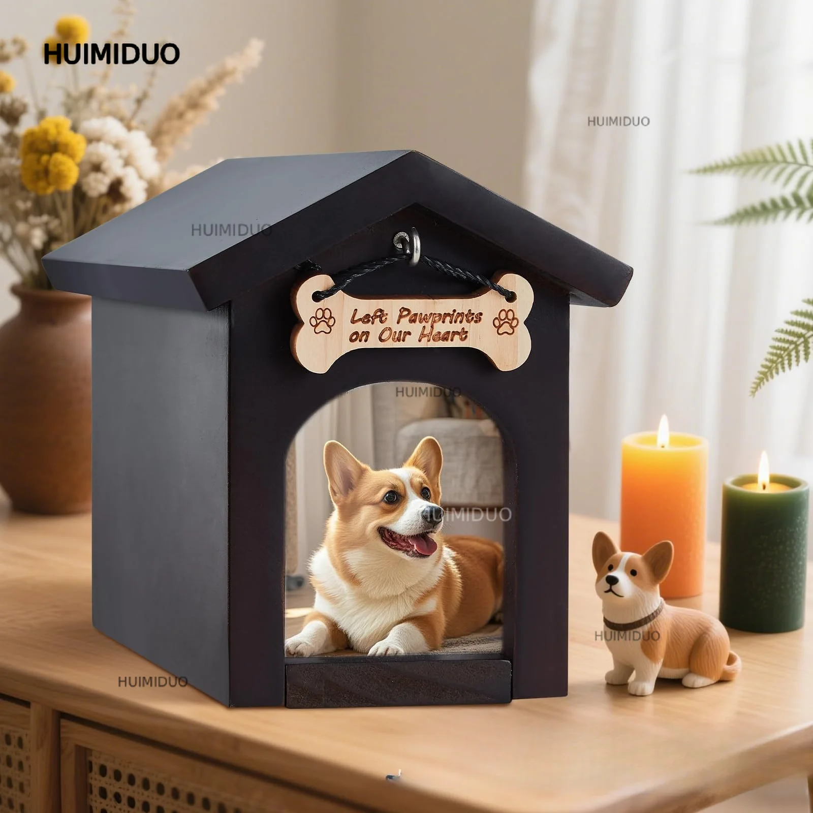 Wooden Pet Urn Small House Shape Funeral Ashes Memorial Box Photo Frame Dog Tag Hook Coffin Box