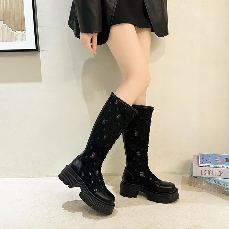 Mittel absatz Reiß verschluss Mesh Stoff lang ärmel ige Damen stiefel Schuhe für Damen 2024 neue Mode Sommer atmungsaktive reife Damen stiefel