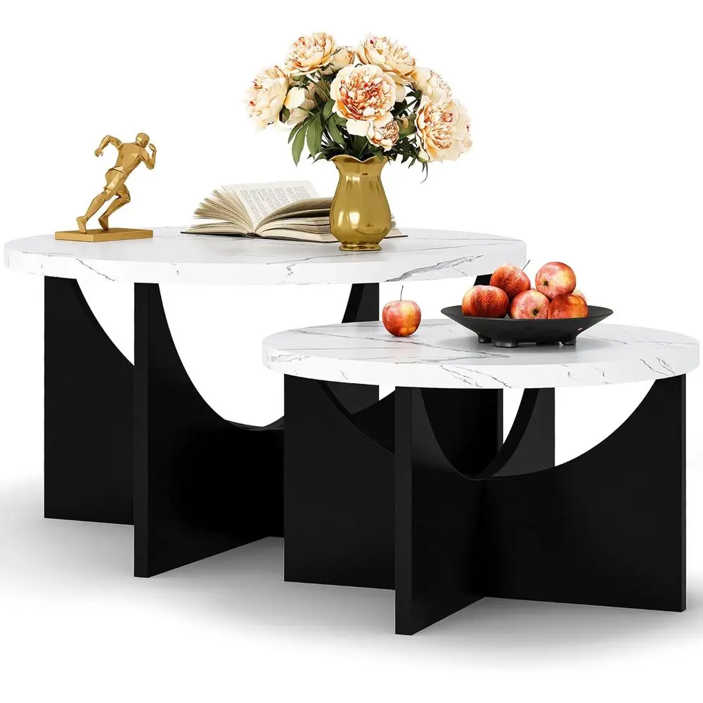 

Set of 2, 31.5 Round Wooden Side Tables with Marble Tops for Living Room