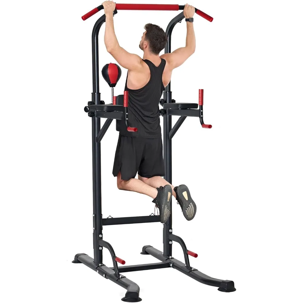 

Pull Up Bar Dip Station, Power Tower with Boxing Speed Ball & Spinning Target, Adjustable Height Pull Up Bar Stand with Backrest