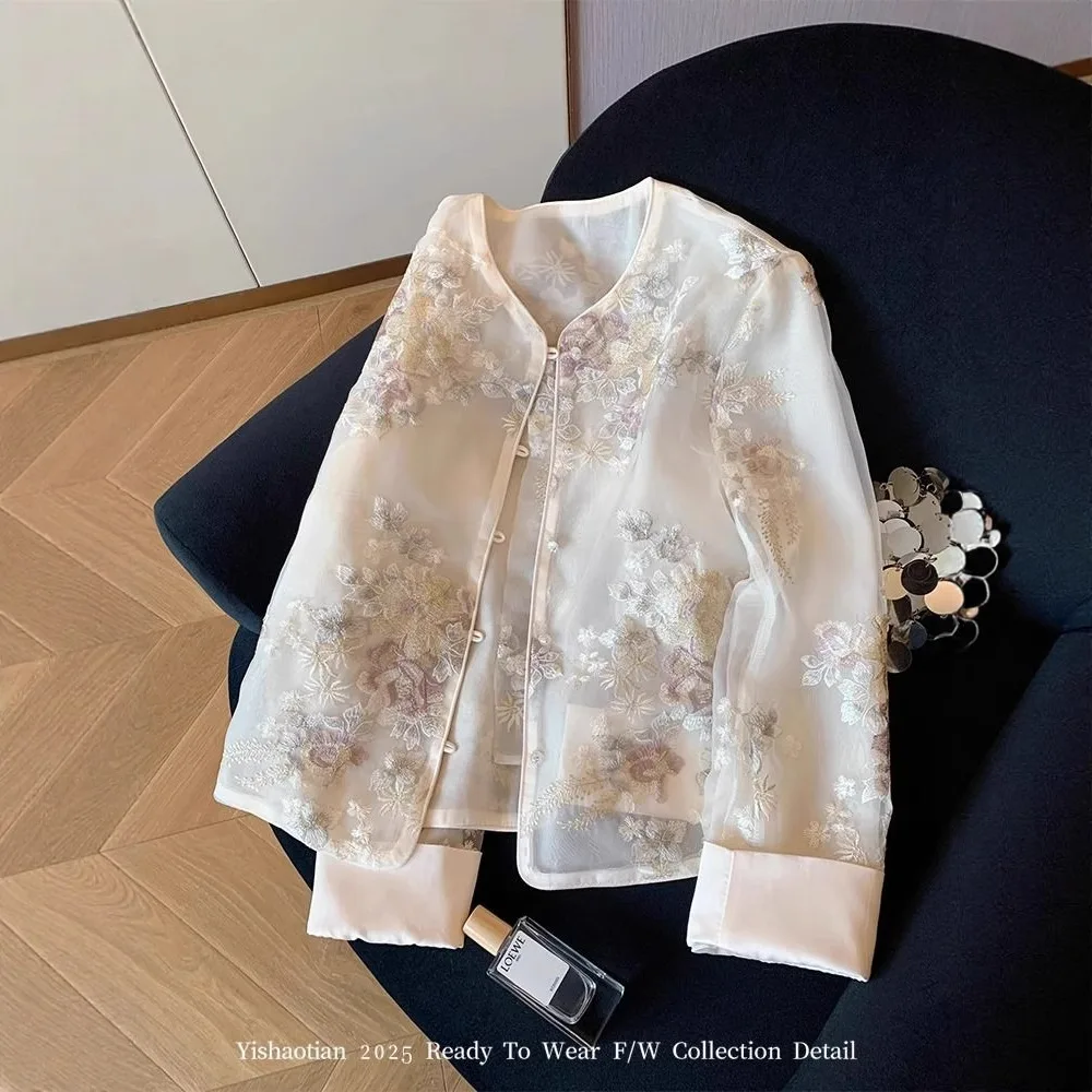 

Пальто женское винтажное пальто из органзы с вышивкой летние тонкие солнцезащитные пальто блузки верхняя одежда однобортный женский топ с v-образным вырезом