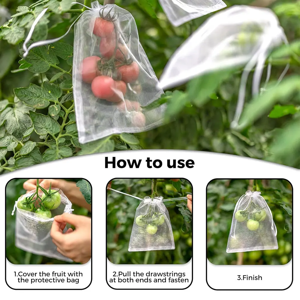 10Pcs Fruits Protection Bags Reusable Netting Bag with Drawstring for Fruit Trees Vegetable Garden Anti-Bird Protective Tools