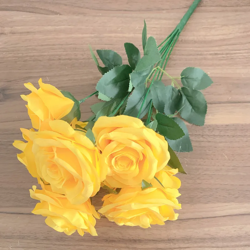 9Heads Roses Bouquet Artificial Flower Yellow Golden orange sunset Champagne Rose Fake Rose Living Room  Decoration Wedding