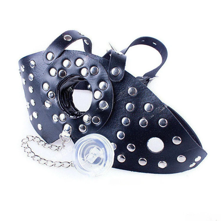 Adult Games Black Leather Head Harness with Spiked Studded Design & Transparent Gag, Restraint Accessory for Sex Toy