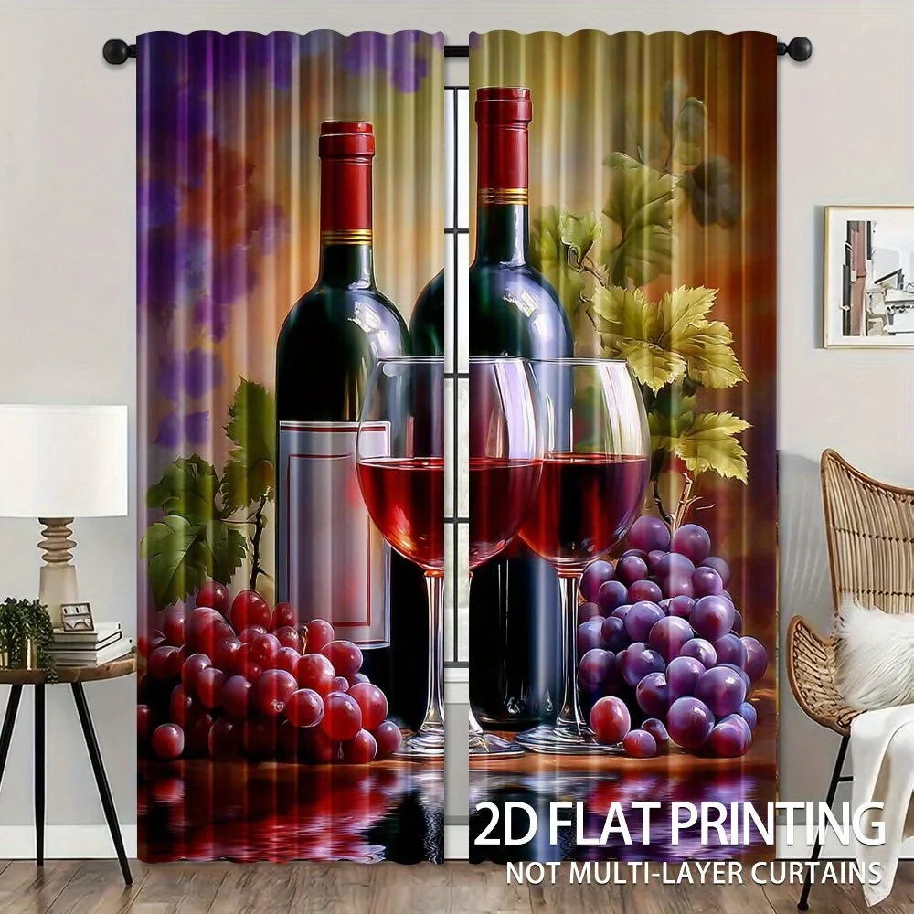 Wine bottle and wine glass design Print Drapes Room Darkening Window Curtains Home Decor,Rod Pocket Blackout Curtains Bedroom
