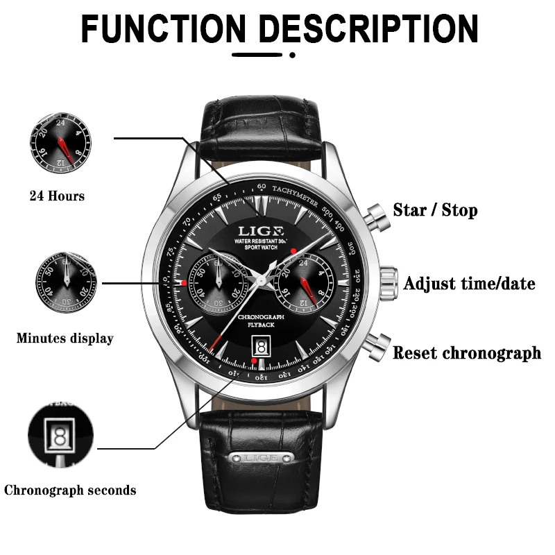 LIGE Fashion Luxury Casual Sport Watch for Men Leather Strap Quartz Man Wristwatches Waterproof Business Date Clocks Chronograph